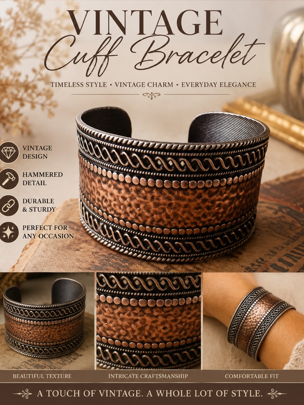 Vintage-Style Hammered Copper Cuff Bracelet - Open Cuff